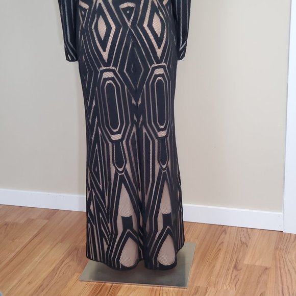 BCBGMAXAZIRA VEIRA DRESS geometric Illusion Boho Maxi Dress Sz 10 black/Nude - Picture 7 of 12